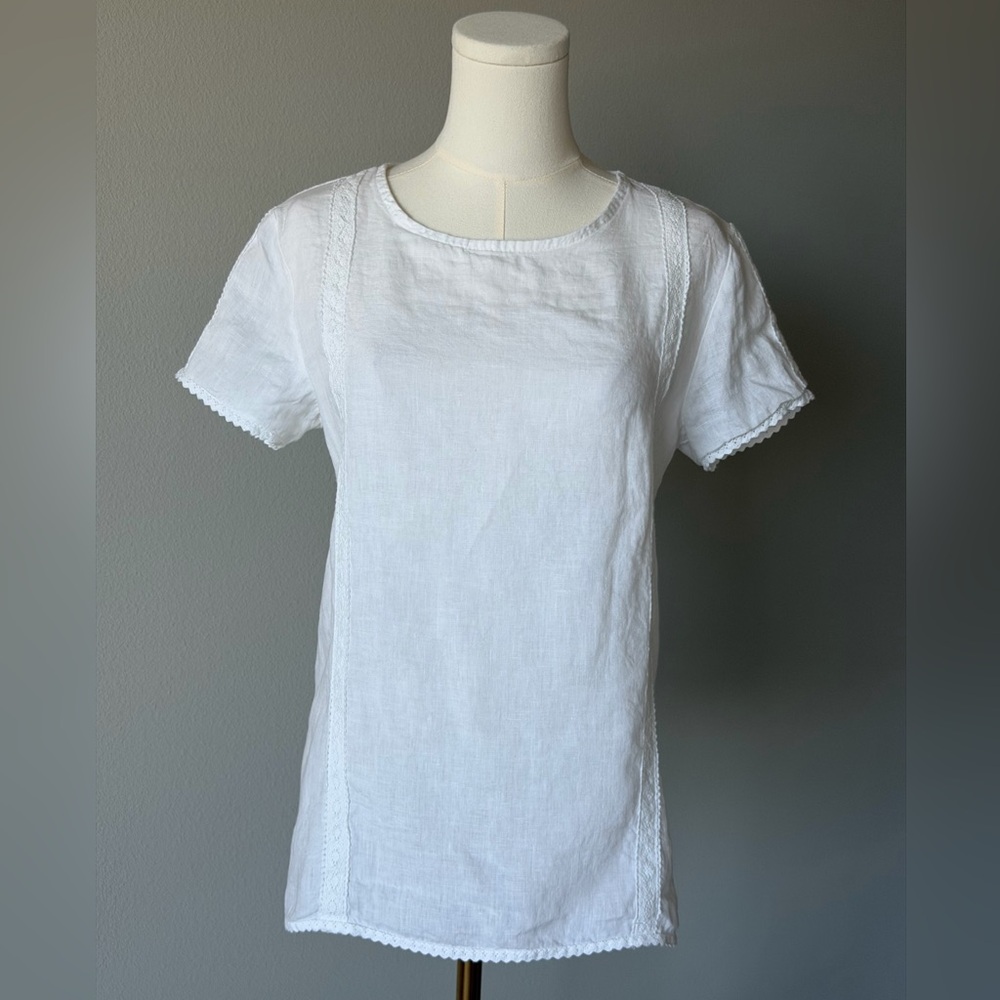Chic Laura Bianchi White Linen Back Buttons Lace Trim Short Sleeve Women's Top-S